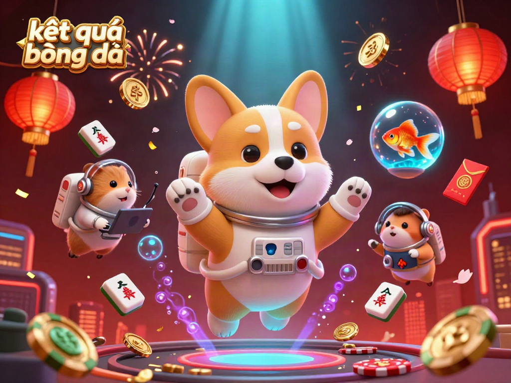 Experience the excitement of kết quả bóng đá with a floating corgi astronaut, drifting coins, and dynamic casino elements.