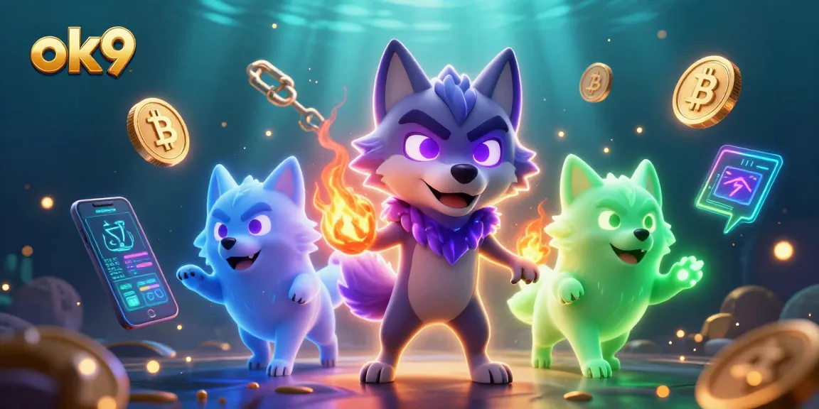 Engage with ok9’s thrilling atmosphere as spirited wolf characters navigate a vibrant crypto-themed casino.