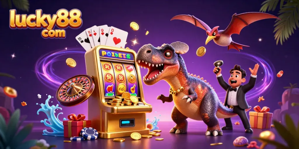 Experience thrilling wins at lucky88 com with a 3D cartoon scene of a dinosaur jackpot!