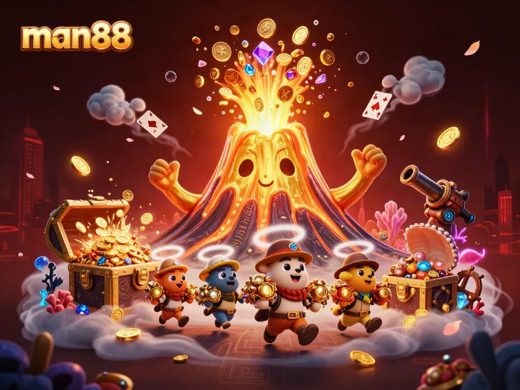Experience the excitement and treasures of man88 with 3D cartoon characters in a vibrant casino scene.