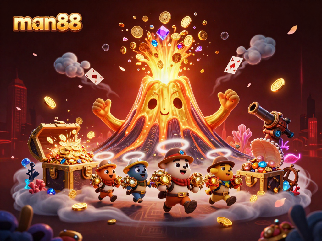 Experience the excitement and treasures of man88 with 3D cartoon characters in a vibrant casino scene.