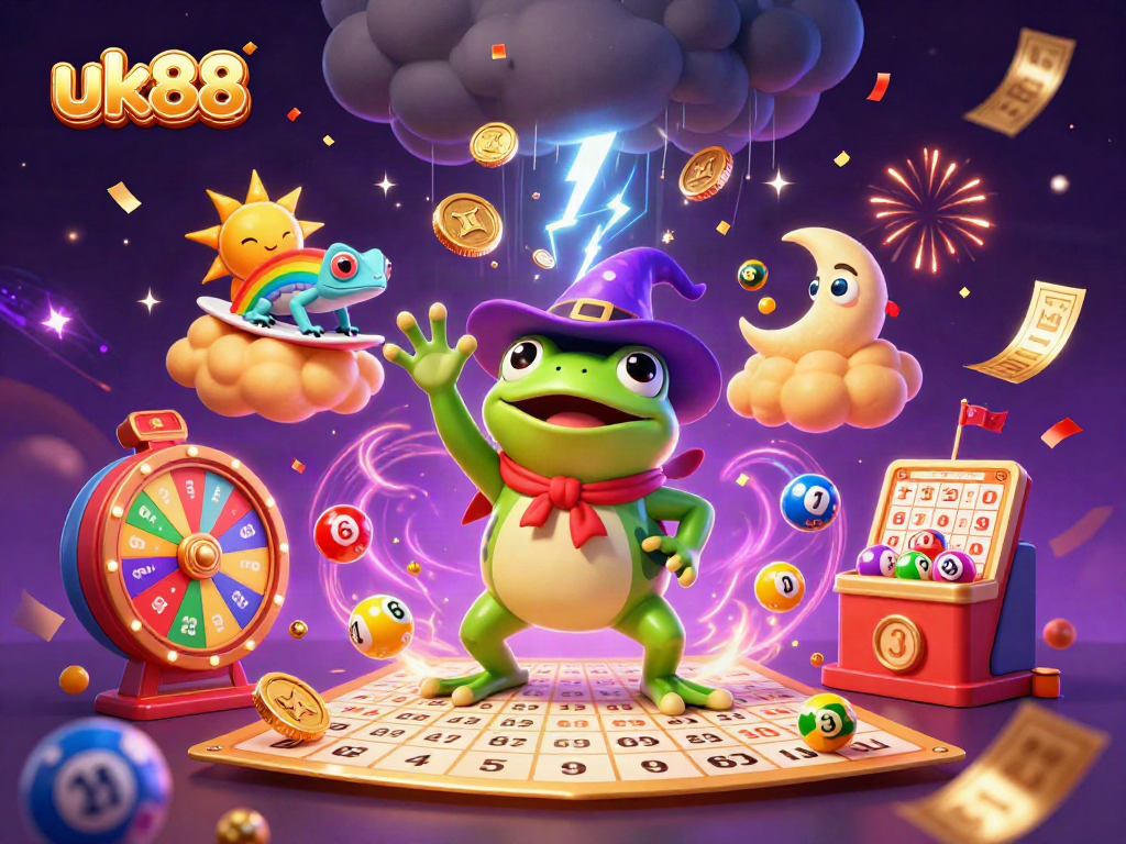Engage in exciting lottery games at uk88 with vibrant characters depicting a dynamic casino world.