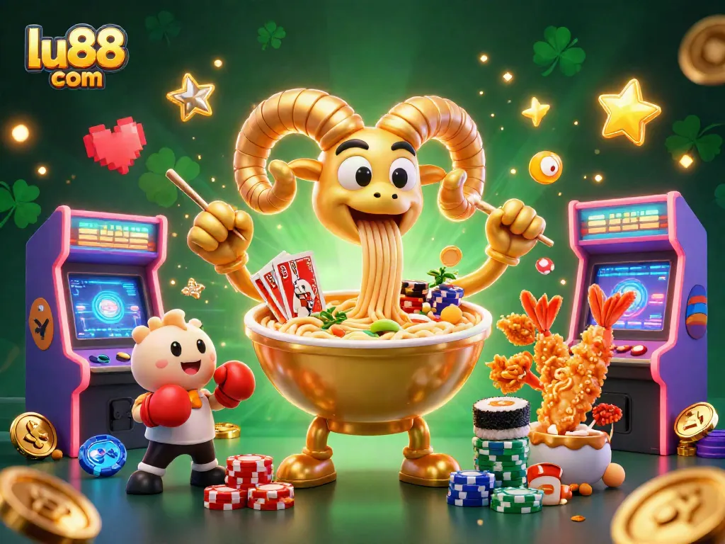Experience thrilling gameplay at lu88 com with vibrant 3D characters like ramen bowl and gyoza in a colorful casino.