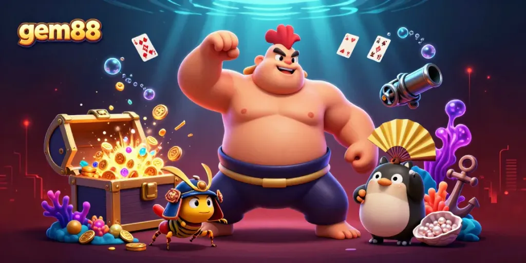 Experience gem88's thrilling jackpot games with cartoon characters amidst underwater treasures.