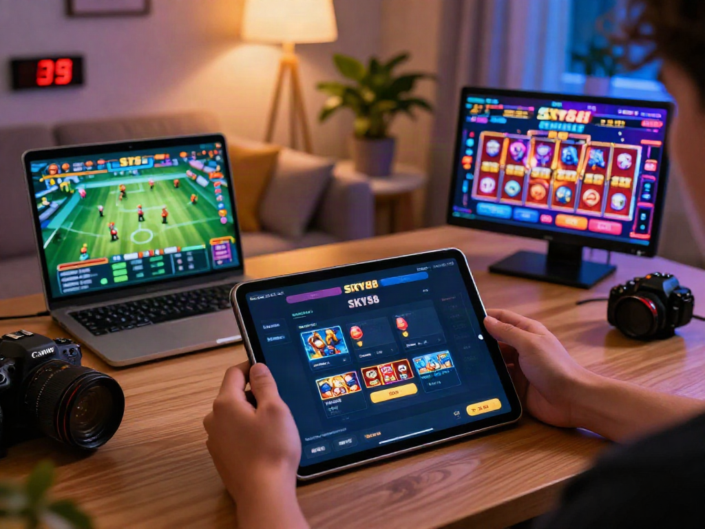 User engaging with SKY88's gaming platform on a tablet, showcasing an exciting online gaming experience.