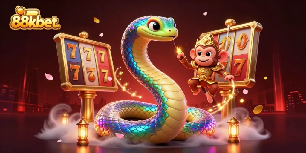 Engage with the vibrant 88kbet. casino scene featuring a playful monkey king and rainbow serpent amidst festive game elements.