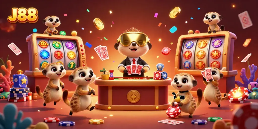 J88's meerkat casino pit boss leads a stacked card game with vibrant gambling symbols.