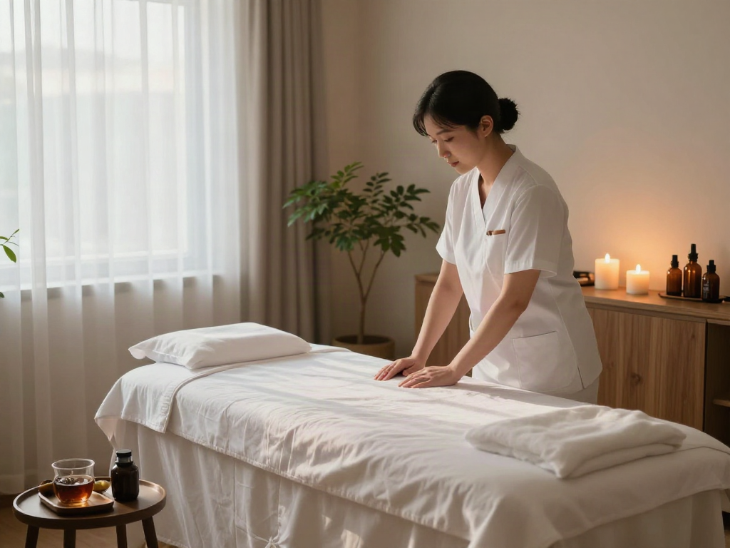 부천출장 massage therapy room with serene ambiance and calming elements.