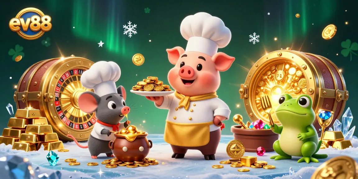 Experience the thrill of ev88's casino games with a vibrant 3D illustration showcasing gold coins and classic tables.