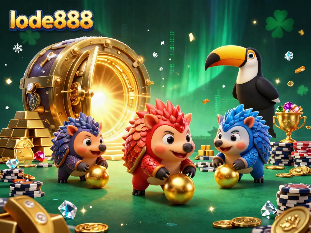 Engaging lode888 scene with rival pangolins bowling through poker chips under a toucan referee.