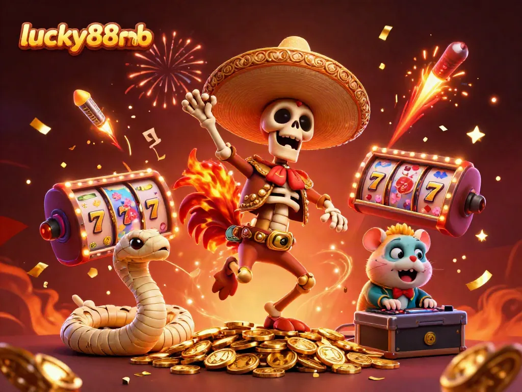 Experience the vibrant excitement of lucky88mb with a festive 3D casino scene featuring dynamic characters and spinning slot reels.