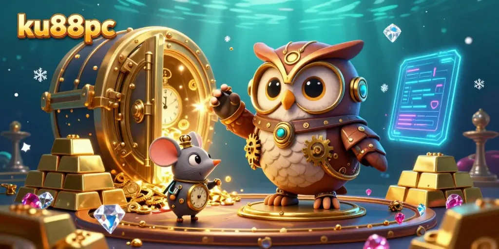 Engage in the thrilling casino universe of ku88pc with a whimsical 3D illustration showcasing an adventurous owl and treasures.