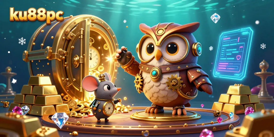 Engage in the thrilling casino universe of ku88pc with a whimsical 3D illustration showcasing an adventurous owl and treasures.