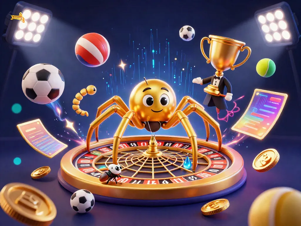 Sumwin thrilling sports betting scene featuring a golden spider spinning roulette web and dynamic sports elements
