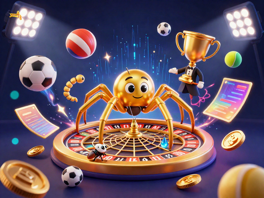 Sumwin thrilling sports betting scene featuring a golden spider spinning roulette web and dynamic sports elements