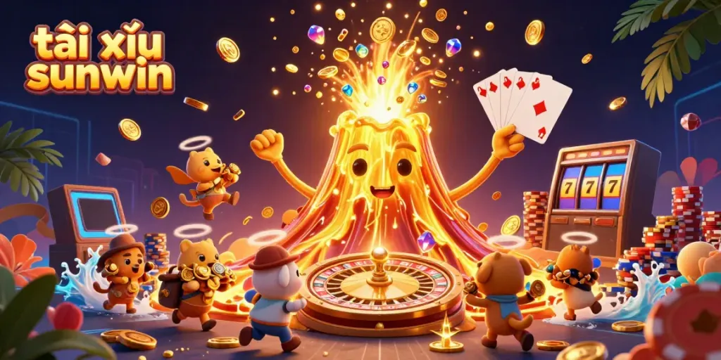 Experience thrilling moments with tài xỉu sunwin as the volcano erupts, showering treasures in a vibrant casino scene.