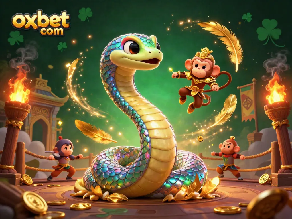 Engage in exciting gaming at oxbet com, featuring a mesmerizing rainbow serpent and a daring monkey king in a vibrant casino atmosphere.