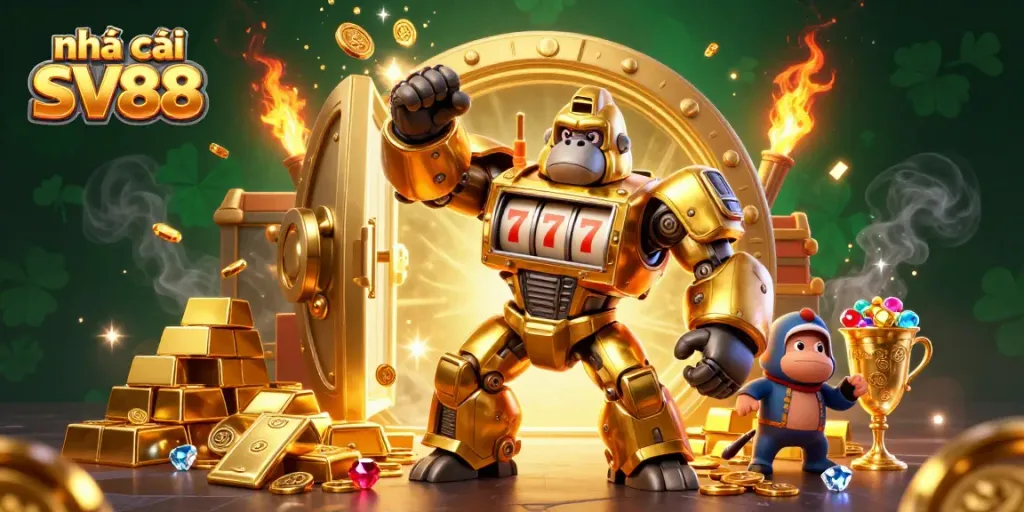 Experience the excitement at nhà cái SV88 with a dynamic golden gorilla mech bursting with coins and treasures.