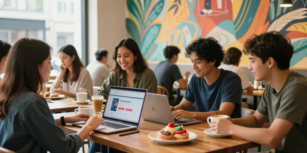 Friends connecting over coffee in an urban café while browsing rokok88 promotions.