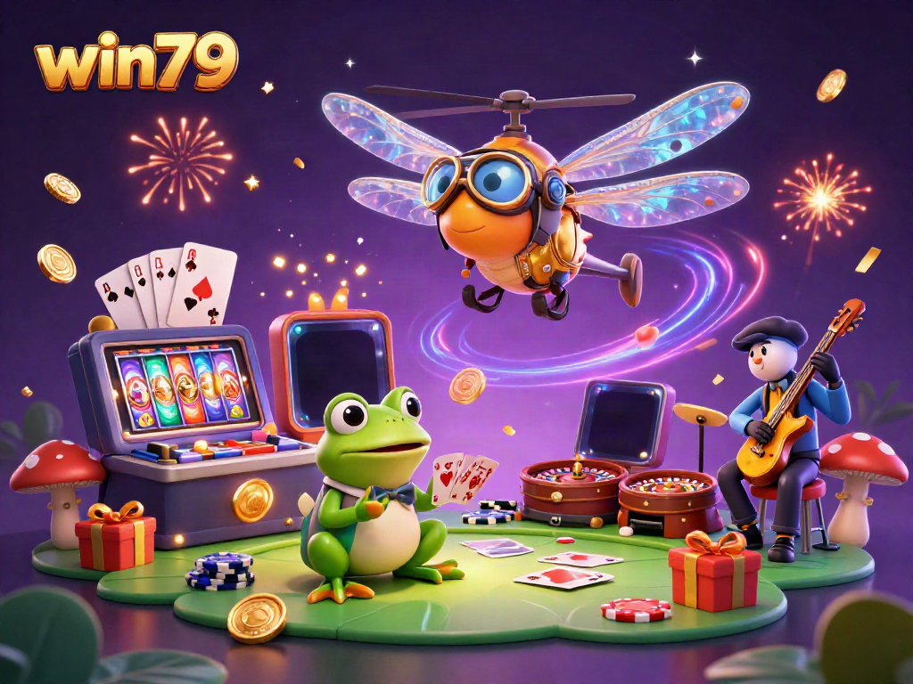 Experience the excitement of win79 with a lively dragonfly pilot, frog croupier, and jazz-playing crickets in a vibrant casino scene.