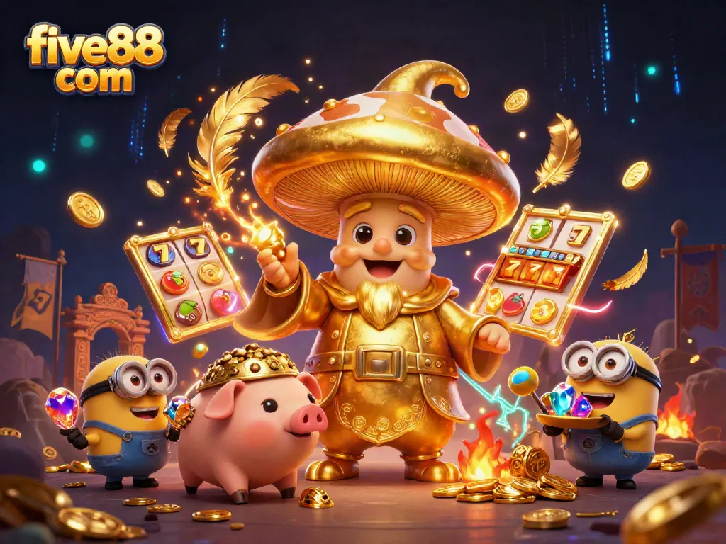 Engage with five88 com in a vibrant and magical casino atmosphere, showcasing dynamic gaming elements and enchanting characters.