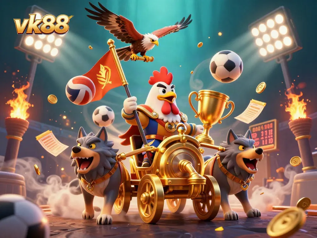 Join the excitement of vk88's dynamic sports betting arena with roaring sports balls and glimmering trophies.