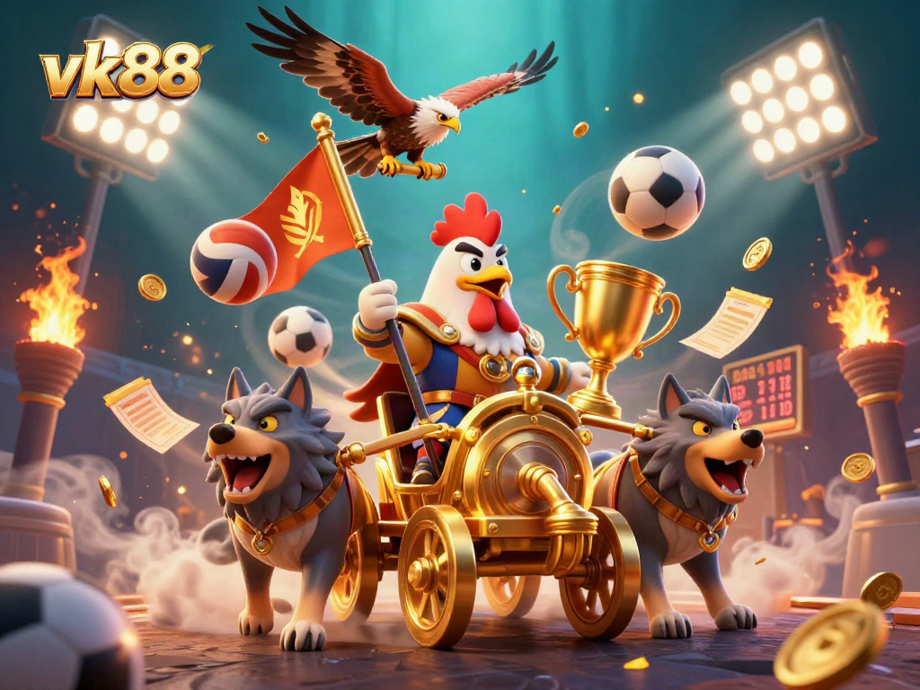 Join the excitement of vk88's dynamic sports betting arena with roaring sports balls and glimmering trophies.
