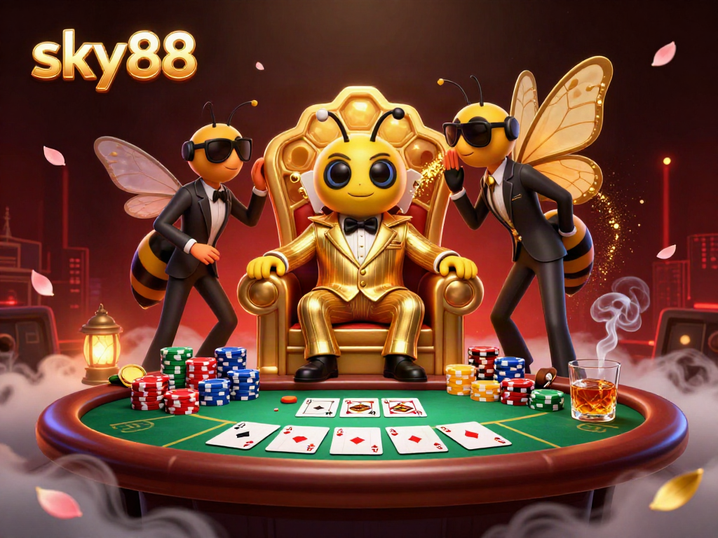 Engage in thrilling poker action at sky88 with a bumblebee mob boss and vibrant game elements.