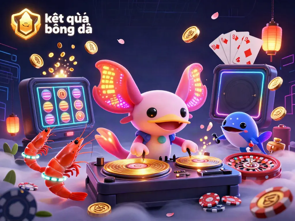 Engage with kết quả bóng đá through a lively scene featuring a neon axolotl DJ and animated creatures, surrounded by vibrant casino elements.
