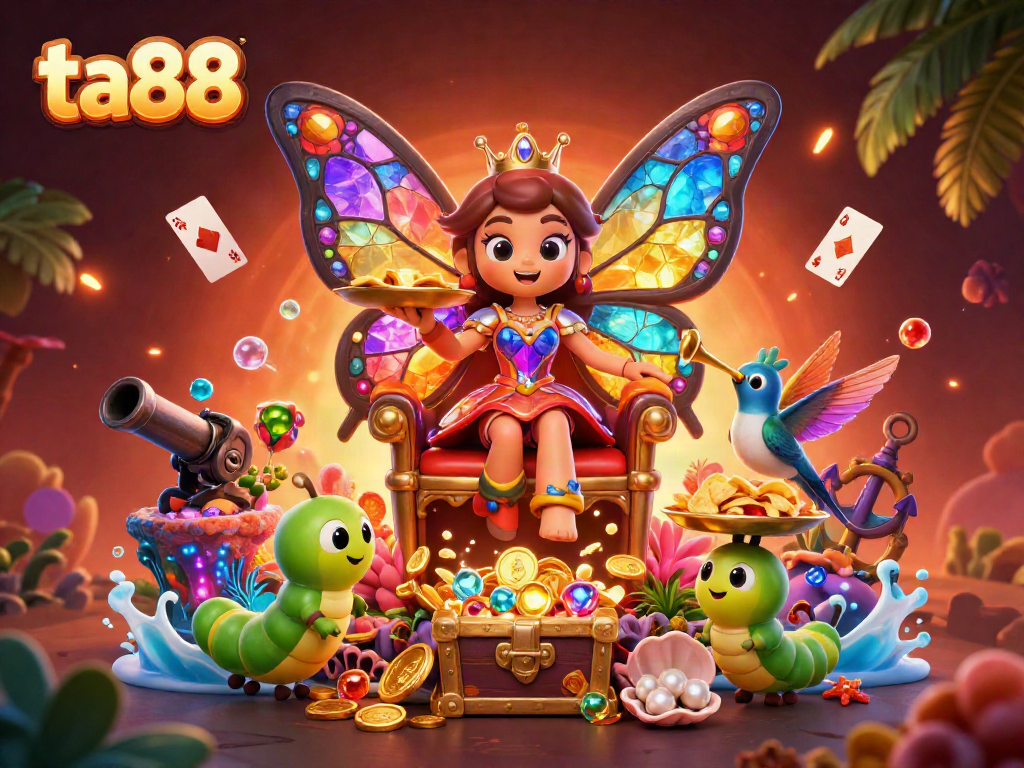 Experience thrilling action with ta88 in a vibrant, animated casino scene featuring a butterfly queen.