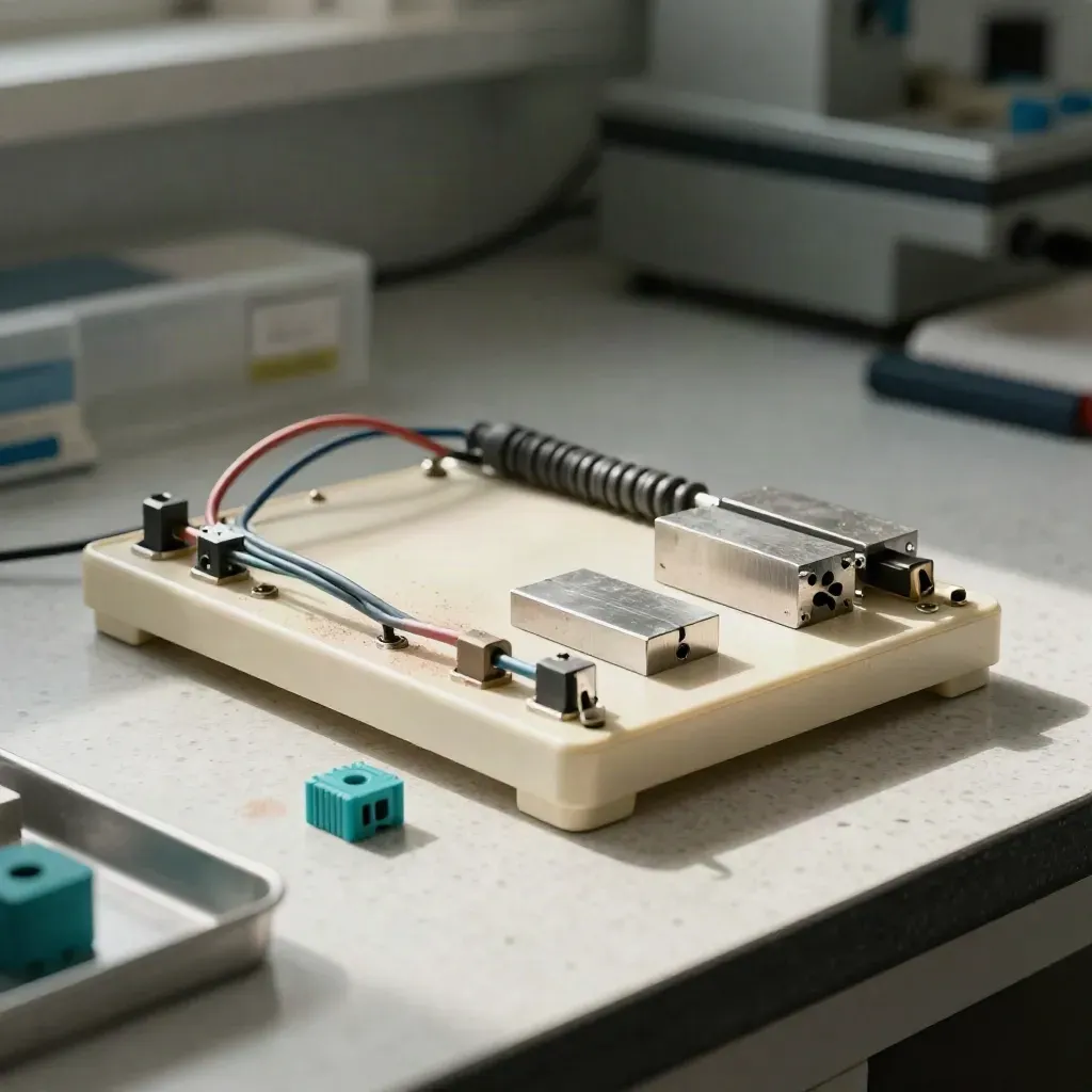 Traverten tezgâhta breadboard, kablo, metal bloklar ve 3D baskı parça olan laboratuvar sahnesi