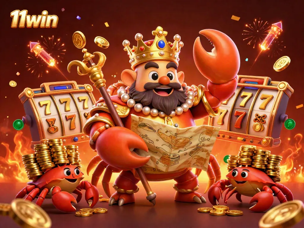Experience the vibrant world of 11win with a golden crab emperor amidst dazzling casino elements.