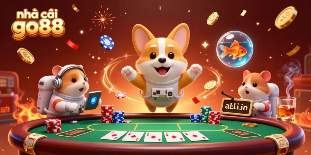 Experience the engaging atmosphere at nhà cái go88 with floating poker chips and cosmic characters in a casino showdown.
