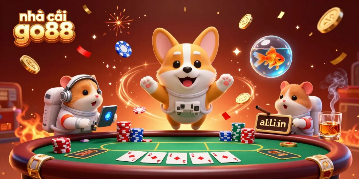 Experience the engaging atmosphere at nhà cái go88 with floating poker chips and cosmic characters in a casino showdown.