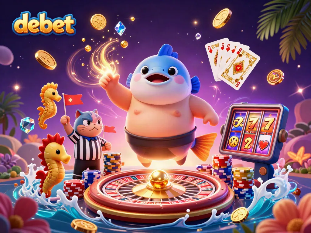 Discover daily betting adventures with debet’s vibrant underwater casino scene featuring 3D characters and thrilling gaming elements.