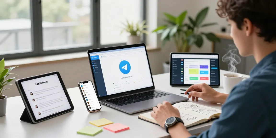 Download Telegram on a modern workspace with devices showcasing messaging features