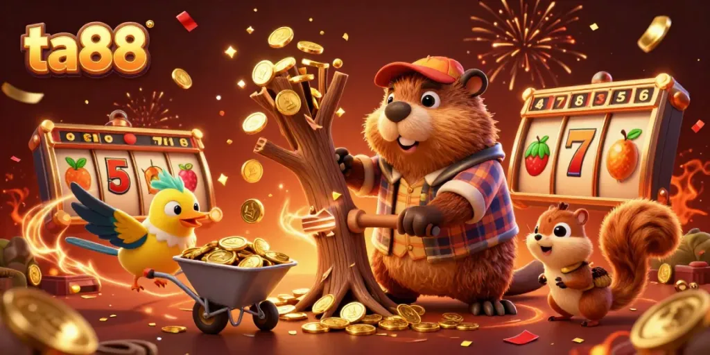 Join the ta88 action as a beaver collects golden coins in a vibrant casino scene.