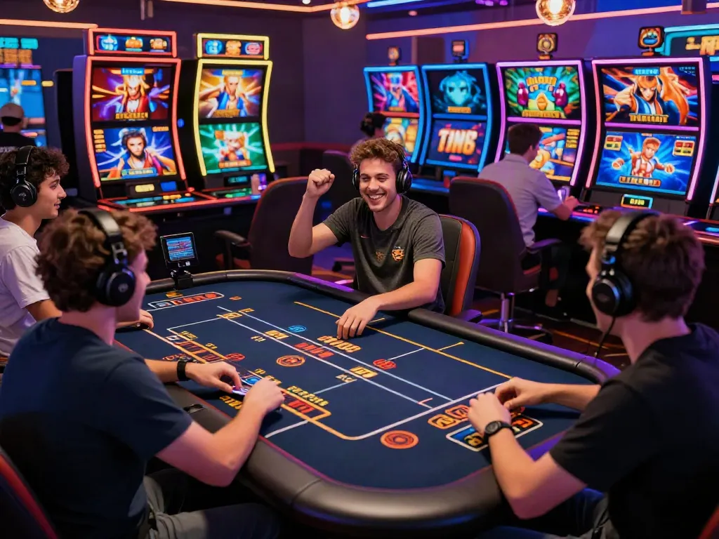 An engaging scene of diverse gamers celebrating wins at a lively online casino, showcasing the experience at https://ku88v1.com/ with colorful graphics.