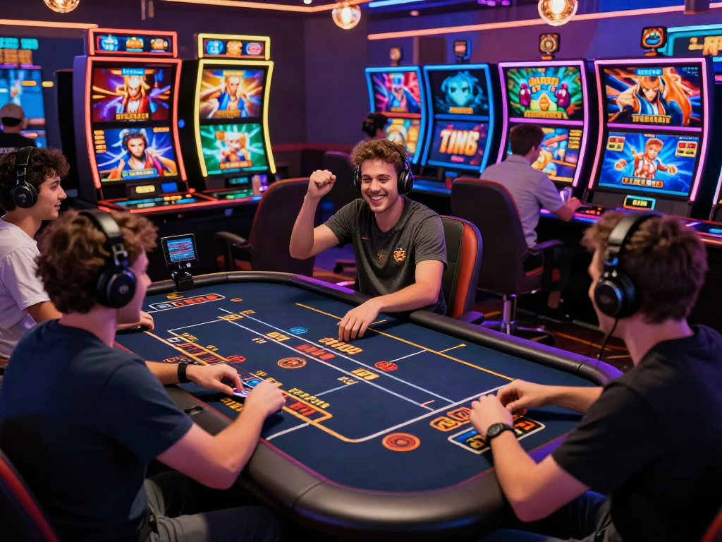 An engaging scene of diverse gamers celebrating wins at a lively online casino, showcasing the experience at https://ku88v1.com/ with colorful graphics.