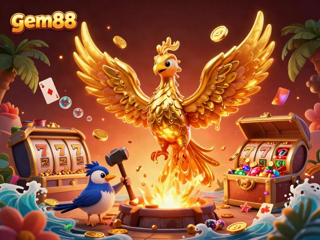 Experience the thrilling action of gem88 with golden phoenix and jackpot reels, showcasing exciting casino elements.