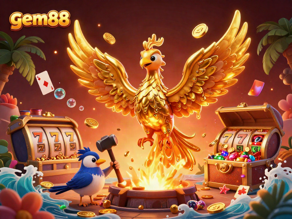 Experience the thrilling action of gem88 with golden phoenix and jackpot reels, showcasing exciting casino elements.