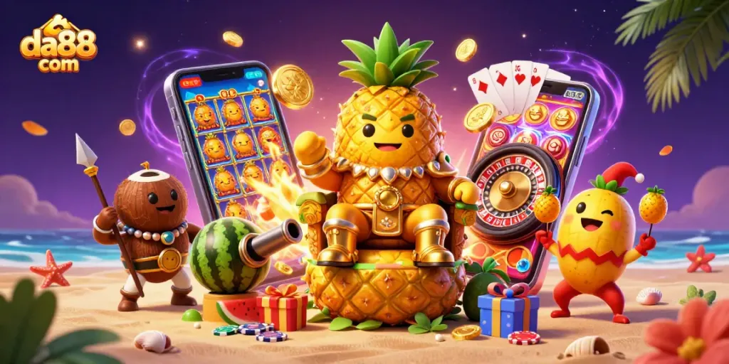 Spin the reels with da88 com's exciting tropical casino illustration featuring rich game elements.