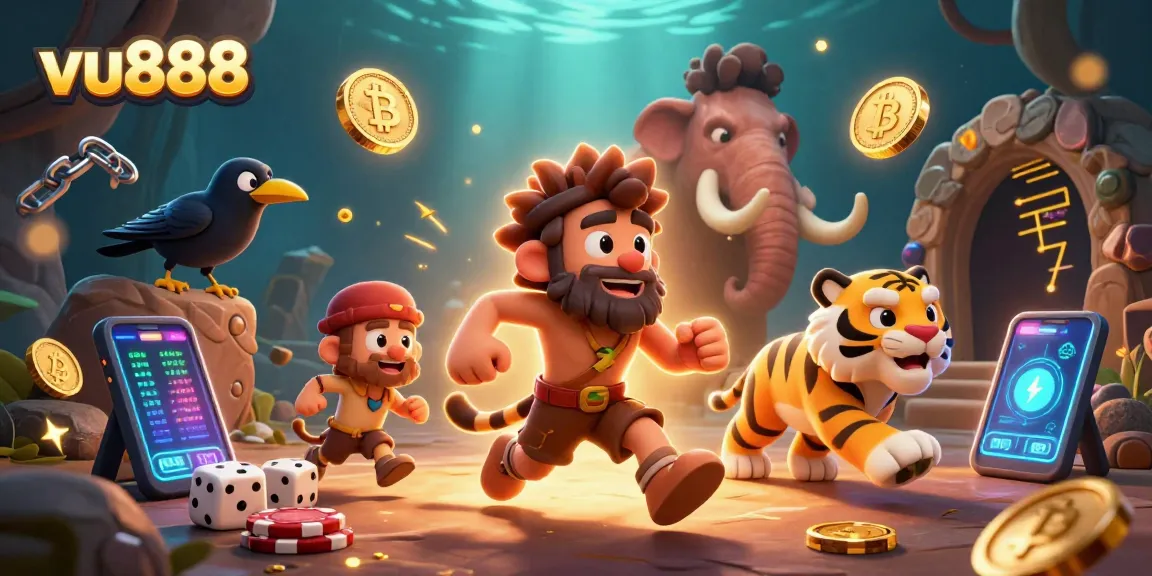 Spin the reels with vu888 in this vibrant prehistoric casino illustration full of dynamic gaming elements.