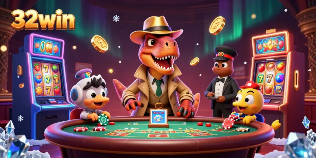 32win velociraptor card counter in a casino environment, surrounded by slot machines and vibrant game elements.
