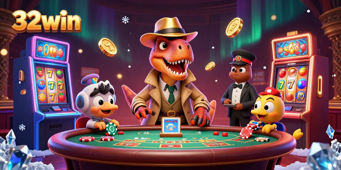 32win velociraptor card counter in a casino environment, surrounded by slot machines and vibrant game elements.