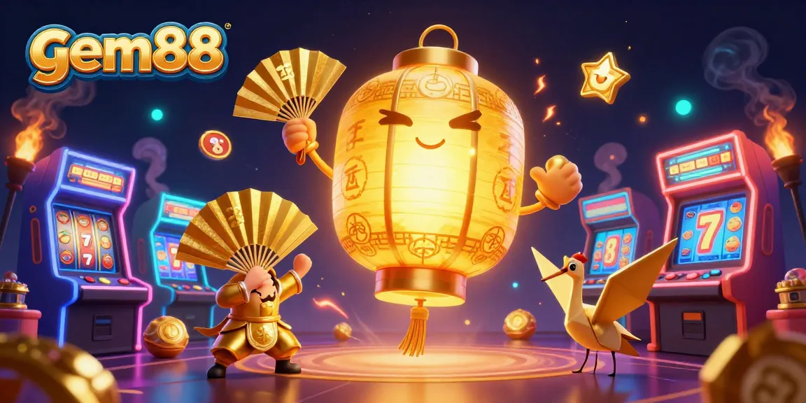 Play exciting games at gem88 featuring a glowing golden lantern spirit and lively casino elements.