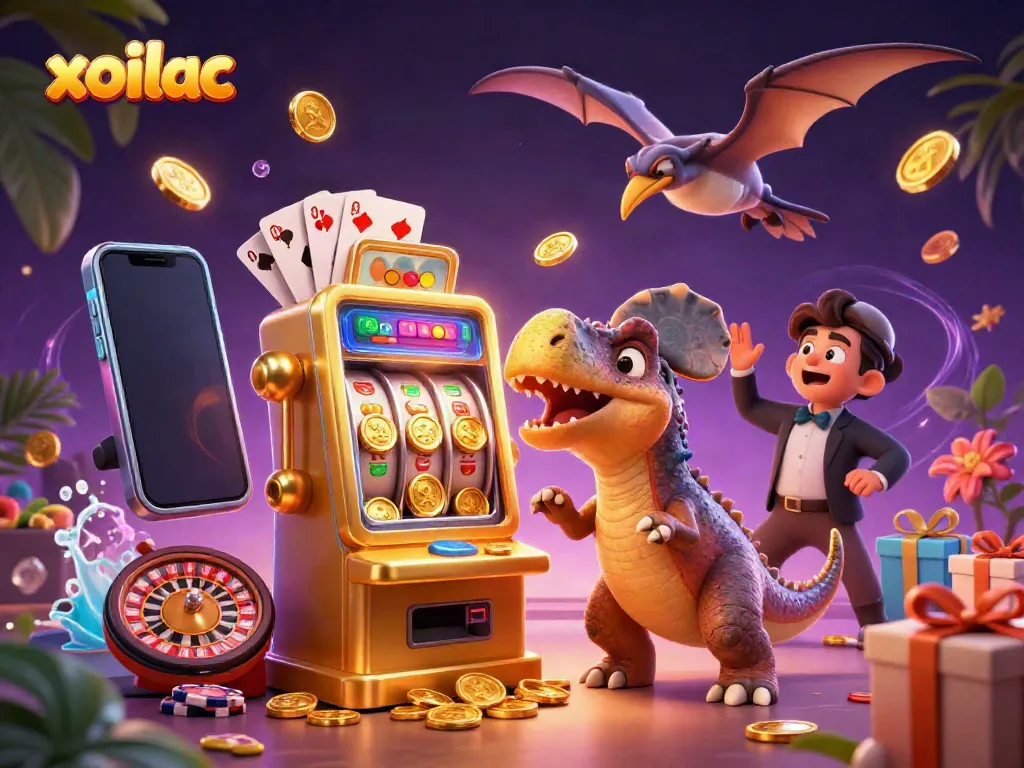 Xoilac showcases a cartoon pachycephalosaurus winning jackpot coins from a golden slot machine in this vibrant illustration.