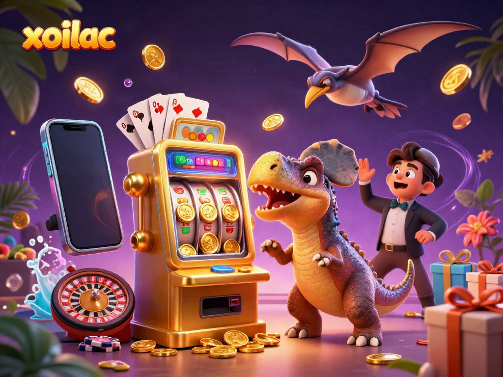 Xoilac showcases a cartoon pachycephalosaurus winning jackpot coins from a golden slot machine in this vibrant illustration.