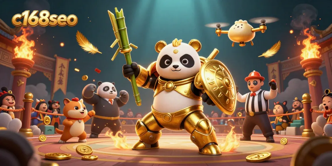 Experience thrilling action at c168seo with mech-suit panda and bamboo robot in a dynamic casino arena.