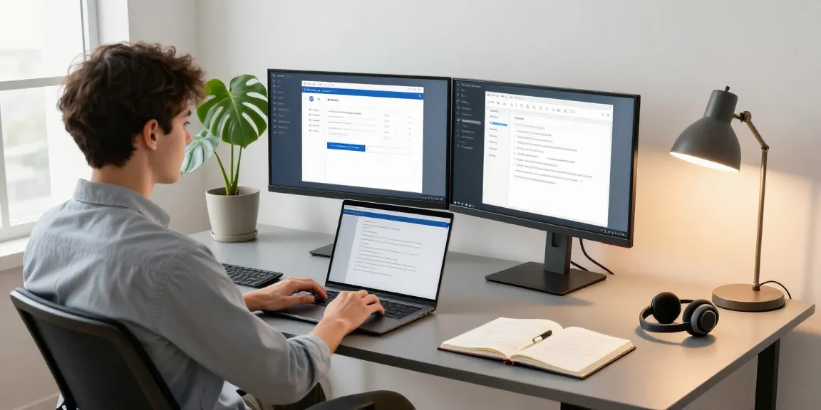 Young professional using WPS Download on a laptop in a modern home office.